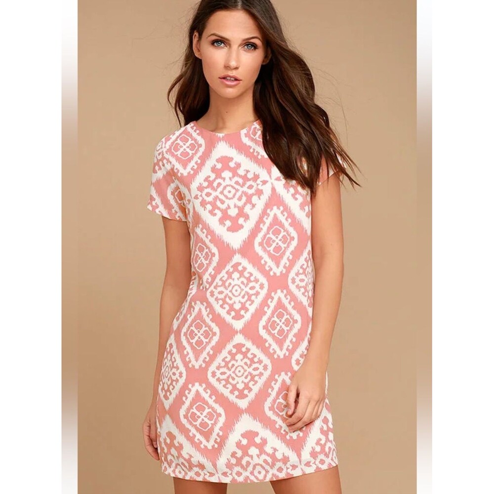 Lulus Give Me A Print Shift Dress NWT Medium Blush Pink White Mini Short Sleeve